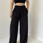 Siyah Premium Yün Karışımlı Pensli Palazzo Pantolon