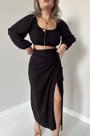 Siyah Keten Kruvaze Etek - Görsel 3