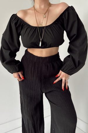 Siyah Keten Off Shoulder Büstiyer - Görsel 6