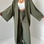 Haki Organik Müslin Maxi Kimono