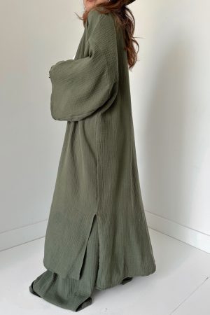 Haki Organik Müslin Maxi Kimono - Görsel 3