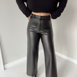 Siyah Deri Wide Leg Pantolon