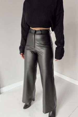 Siyah Deri Wide Leg Pantolon - Görsel 4