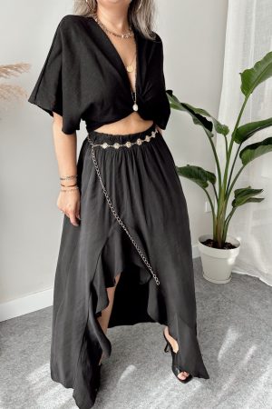 Siyah Midi Modal Volanlı Maxi Etek - Görsel 5