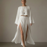 Ekru Organik Müslin Midi Çift Yırtmaçlı Plaj Eteği