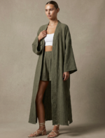 Haki Organik Müslin Maxi Kimono - Görsel 2