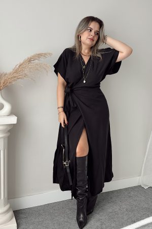 Siyah Tencel Maxi Kruvaze Elbise - Görsel 4