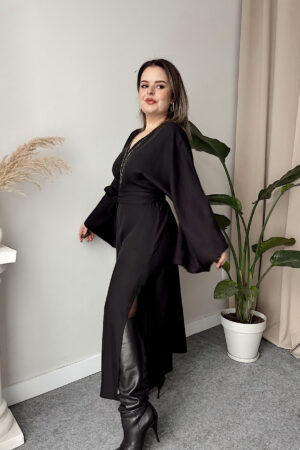 Siyah Tensel Maxi Kruvaze Elbise - Görsel 4