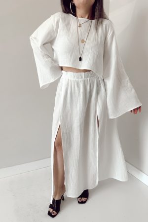 Ekru Organik Müslin Midi Çift Yırtmaçlı Plaj Eteği - Görsel 3