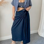 Lacivert Keten Kruvaze Midi Etek