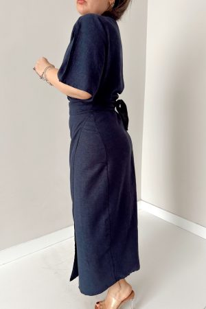 Lacivert Keten Kruvaze Midi Etek - Görsel 3