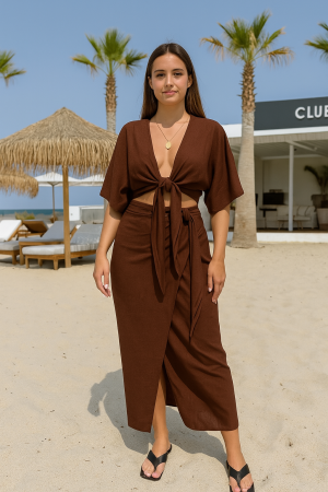 Kahve Keten Kruvaze Midi Etek Büstiyer Takım - Görsel 5