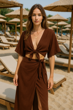 Kahve Keten Kruvaze Midi Etek Büstiyer Takım - Görsel 3