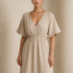 Taş Müslin V yaka Yarasa Kol Maxi Elbise