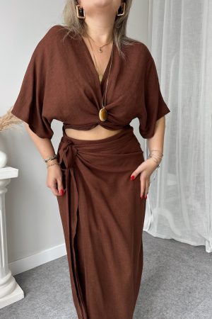 Kahve Keten Kruvaze Midi Etek Büstiyer Takım - Görsel 6