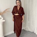 Kahve Keten Kruvaze Midi Etek Büstiyer Takım