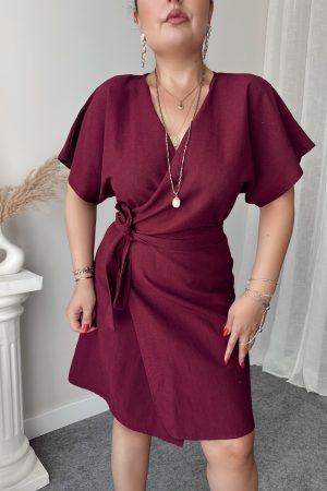 Bordo Keten Kruvaze Mini Elbise - Görsel 3