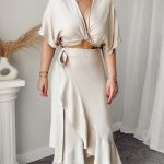 Taş Keten Volanlı Kruvaze Midi Etek