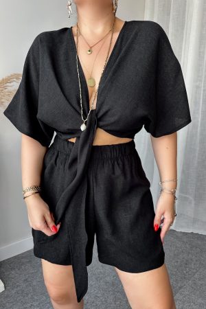 Siyah Keten Şort - Görsel 3