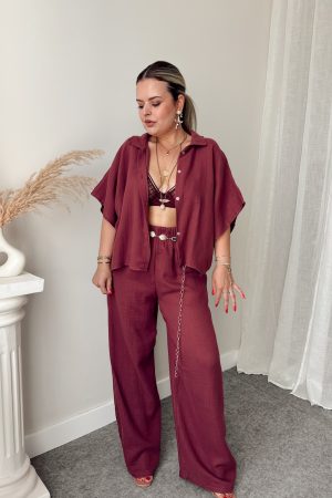 Mürdüm Müslin Palazzo Pantolon - Görsel 3