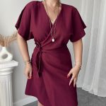 Bordo Keten Kruvaze Mini Elbise