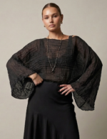 Siyah Faralya Keten Kayık Yaka Asimetrik Bluz | Premium Collection - Görsel 2