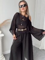 Siyah Faralya Keten Kayık Yaka Asimetrik Bluz | Premium Collection - Görsel 4