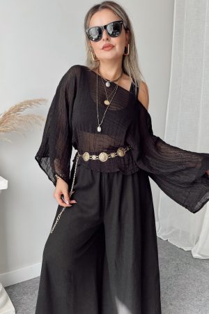 Siyah Faralya Keten Kayık Yaka Asimetrik Bluz | Premium Collection | 16 şubat pazartesi kargolanacaktır - Görsel 3