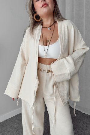 Cream Ekstra Soft Müslin Kimono Ceket - Görsel 4