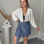 Lacivert Çizgili Mini Kruvaze Etek