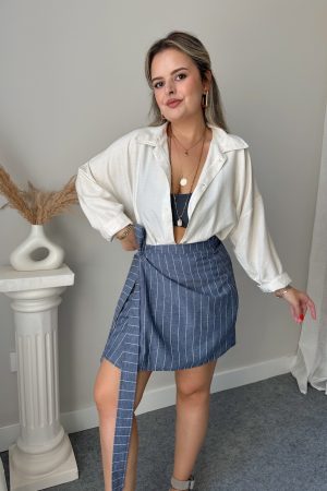 Lacivert Çizgili Mini Kruvaze Etek