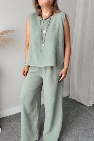 Su Yeşili Organik Müslin Palazzo Pantolon - Görsel 4