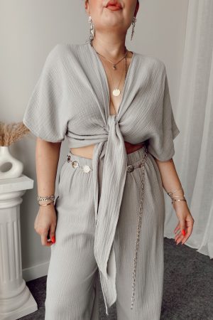 Gri Organik Müslin Bağlamalı Büstiyer - Görsel 3