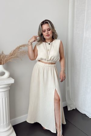 Cream Organik Pamuk Müslin A form Etek - Görsel 3