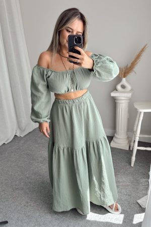 Su Yeşili Organik Pamuk Müslin Midi Etek - Görsel 3