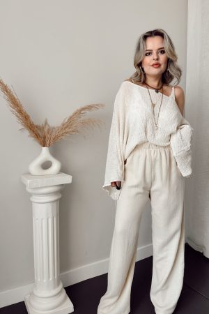 Cream Organik Müslin Palazzo Pantolon - Görsel 3