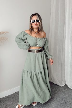 Su Yeşili Organik Pamuk Müslin Midi Etek - Görsel 4