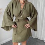 Haki Keten Kruvaze İspanyol Kol Kruvaze Elbise