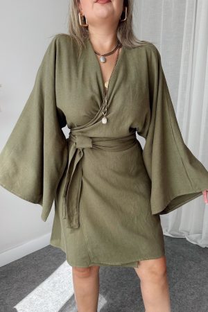 Haki Keten Kruvaze İspanyol Kol Kruvaze Elbise - Görsel 3