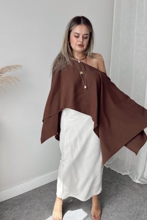 Kahverengi Oversize Asimetrik Pelerin - Görsel 4