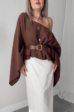 Kahverengi Oversize Asimetrik Pelerin - Görsel 3