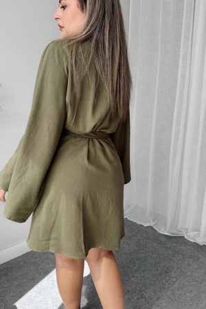 Haki Keten Kruvaze İspanyol Kol Kruvaze Elbise - Görsel 4