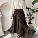 Acı Kahve Keten A form Asimetrik Kruvaze Etek