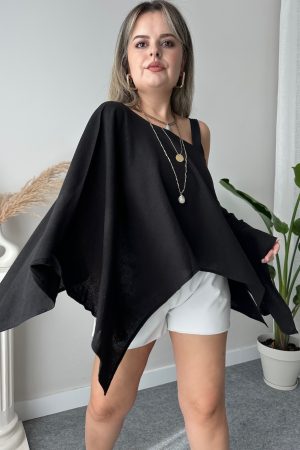 Siyah Oversize Asimetrik Pelerin