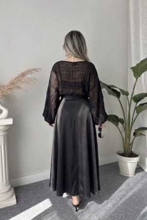 Siyah Keten Kruvaze A Form Etek - Görsel 3