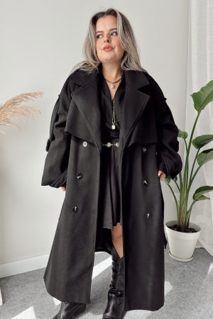 Siyah Yün Kaşe Oversize Kaban - Görsel 3