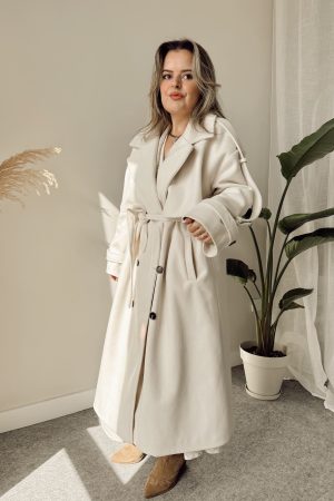Krem Yün Kaşe Oversize Kaban - Görsel 3