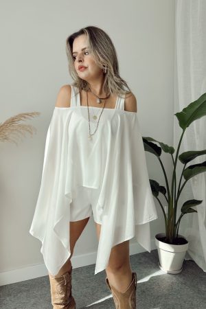 Ekru Vual Oversize Asimetrik Pelerin - Görsel 3
