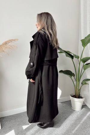 Siyah Yün Kaşe Oversize Kaban - Görsel 4