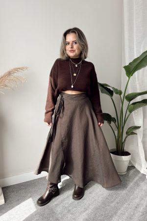 Kahve A form Asimetrik Kruvaze Etek - Görsel 3